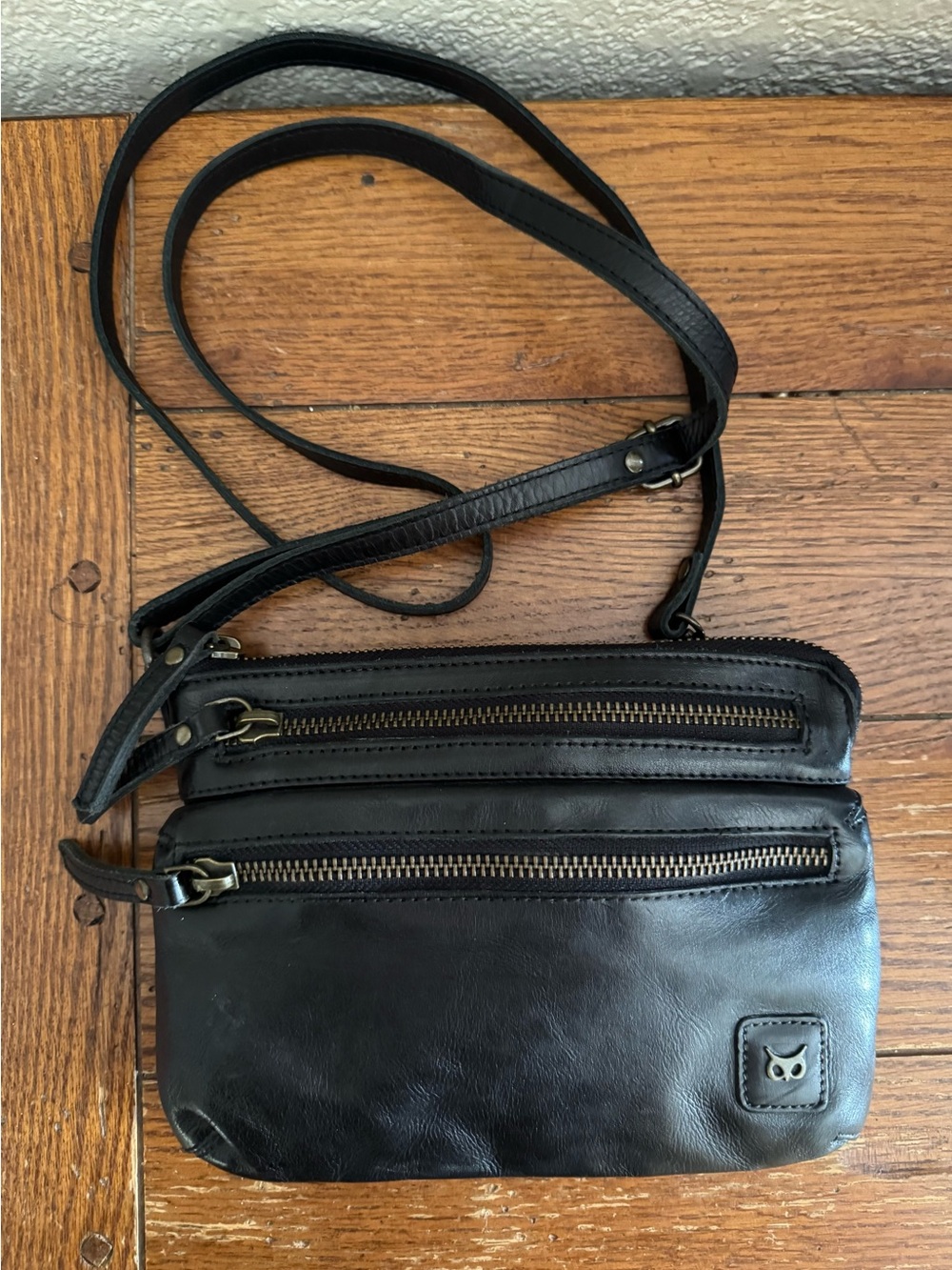 Wise Owl Black Soft Pebbled Leather Mini Crossbody Purse Bag